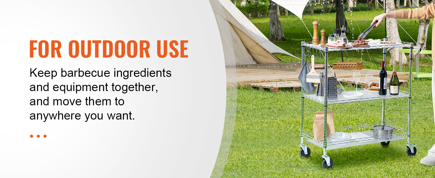 Трехъярусная тележка VEVOR для приготовления барбекю на открытом воздухе с ингредиентами и оборудованием для барбекю на травянистой лужайке.