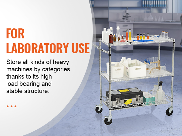 3-ярусная универсальная тележка VEVOR для лабораторного использования с высокой несущей способностью и стабильной конструкцией.
