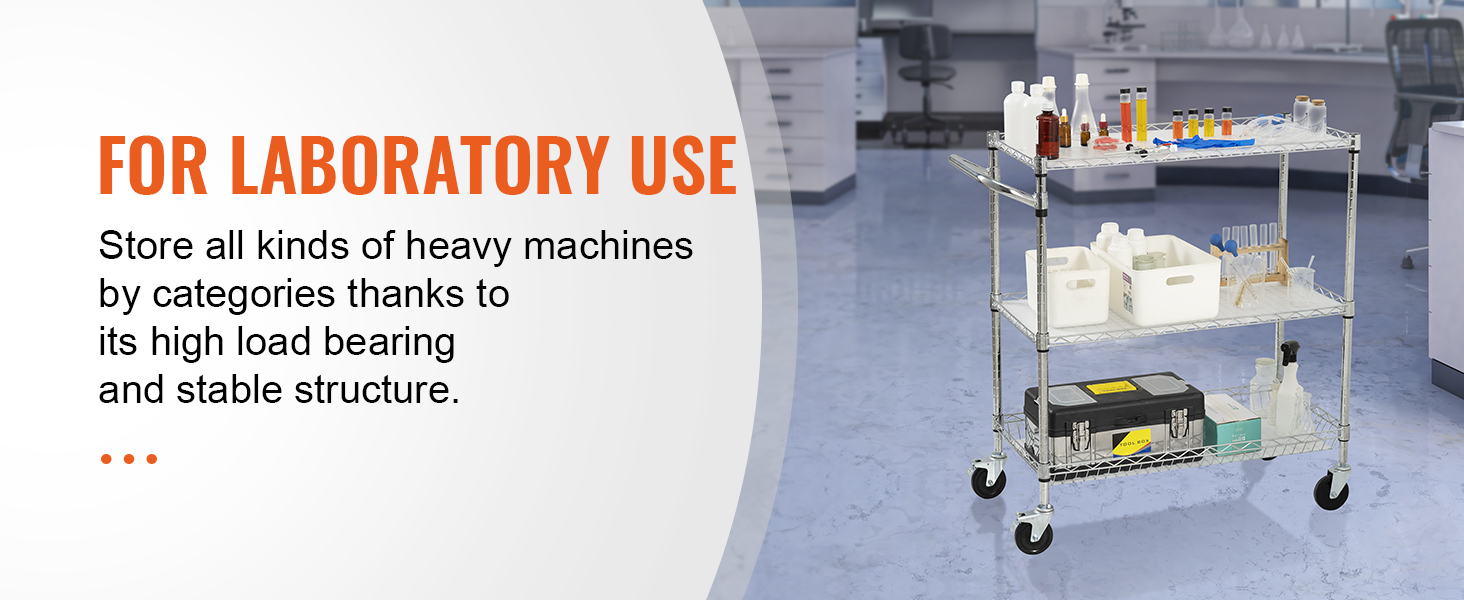 3-ярусная универсальная тележка VEVOR для лабораторного использования с высокой несущей способностью и стабильной конструкцией.