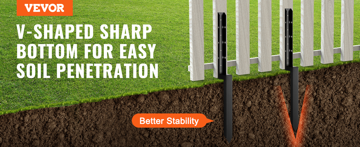 VEVOR fence post anchor with v-shaped bottom illustration for better stability and easy soil penetration.