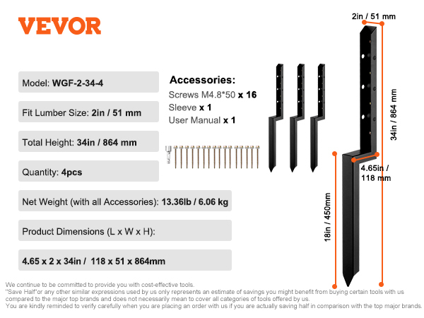 VEVOR fence post anchor repair kit with screws, dimensions, and specifications in detail.
