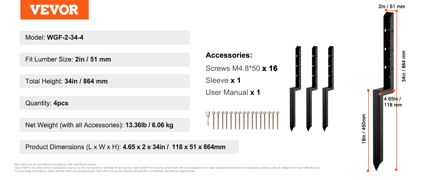 VEVOR fence post anchor repair kit with screws, dimensions, and specifications in detail.