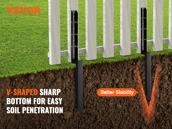 VEVOR fence post anchor repair kit with v-shaped sharp bottom for easy soil penetration and better stability.