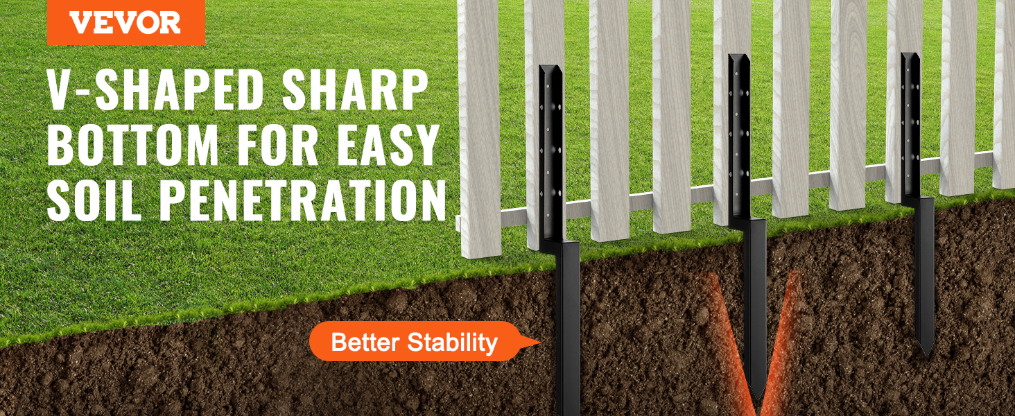 VEVOR fence post anchor repair kit with v-shaped sharp bottom for easy soil penetration and better stability.