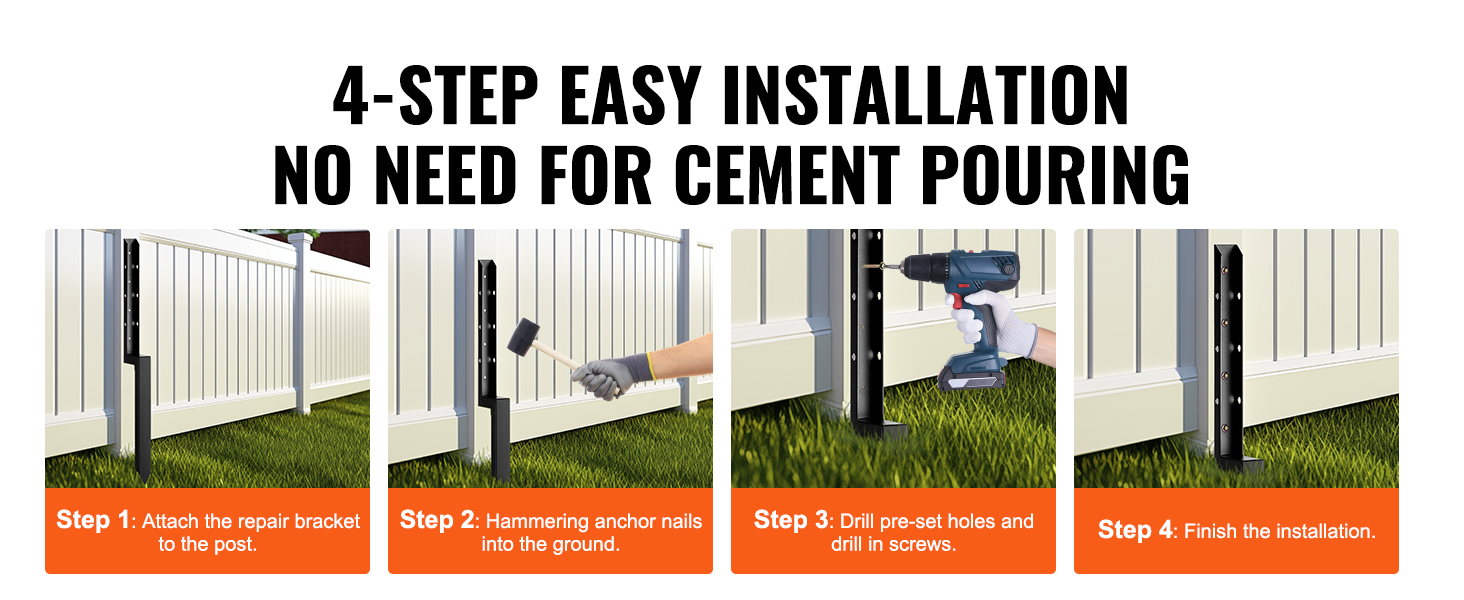 4-step guide for installing VEVOR fence post anchor repair kit without cement pouring.
