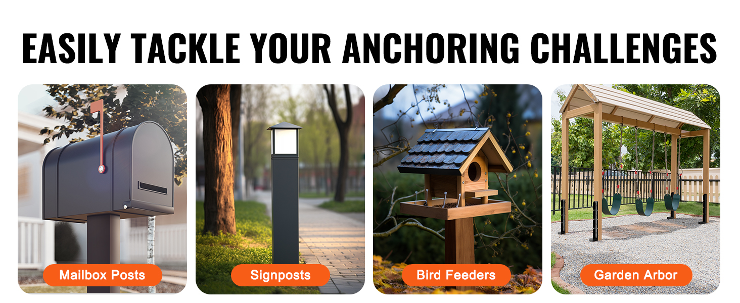 easily tackle your anchoring with the VEVOR fence post anchor repair kit for mailbox posts, signposts, bird feeders, and garden arbor.