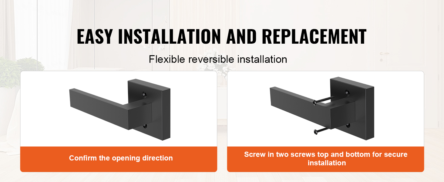 easy installation of VEVOR dummy door lever with instructions for opening direction and screw placement.
