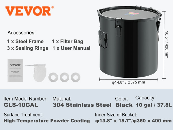 VEVOR fryer grease bucket with accessories: filter bag, steel frame, sealing rings, and user manual.