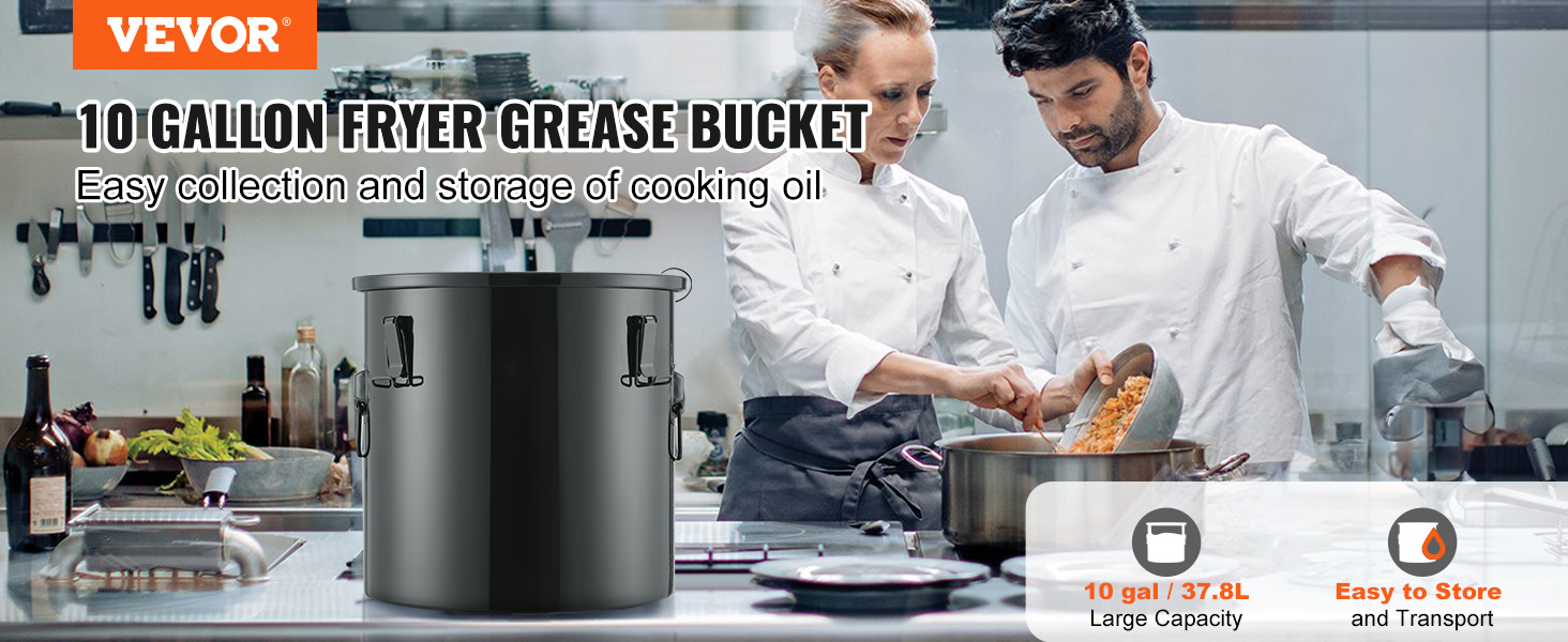 VEVOR fryer grease bucket in commercial kitchen, ideal for collecting and storing cooking oil.