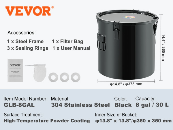 VEVOR fryer grease bucket includes steel frame, filter bag, sealing rings, and user manual. 8 gal black.