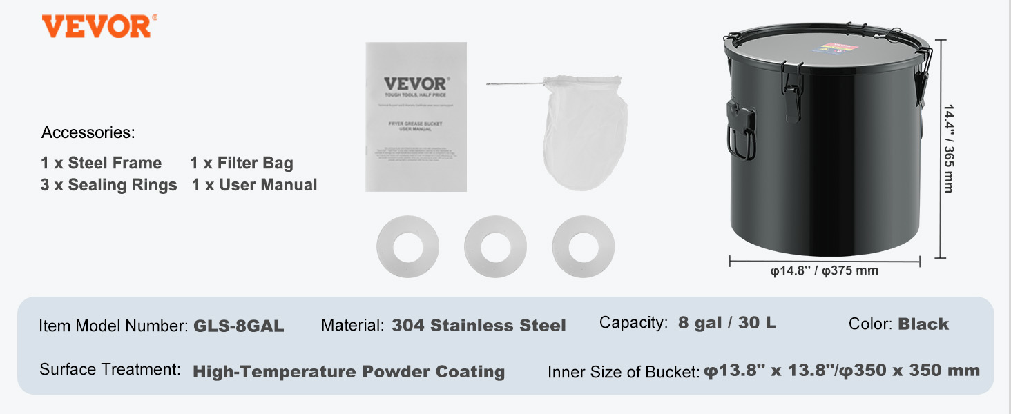 VEVOR fryer grease bucket includes steel frame, filter bag, sealing rings, and user manual. 8 gal black.