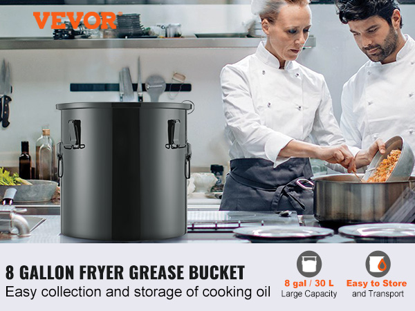 VEVOR fryer grease bucket, 8-gallon capacity, easy storage and transport of cooking oil in a kitchen.