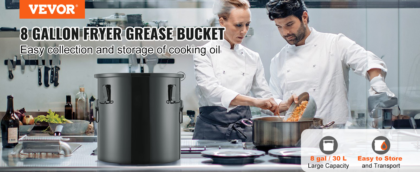 VEVOR fryer grease bucket, 8-gallon capacity, easy storage and transport of cooking oil in a kitchen.