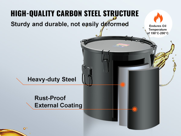 VEVOR fryer grease bucket with carbon steel, heavy-duty stainless steel, and rust-proof external coating.