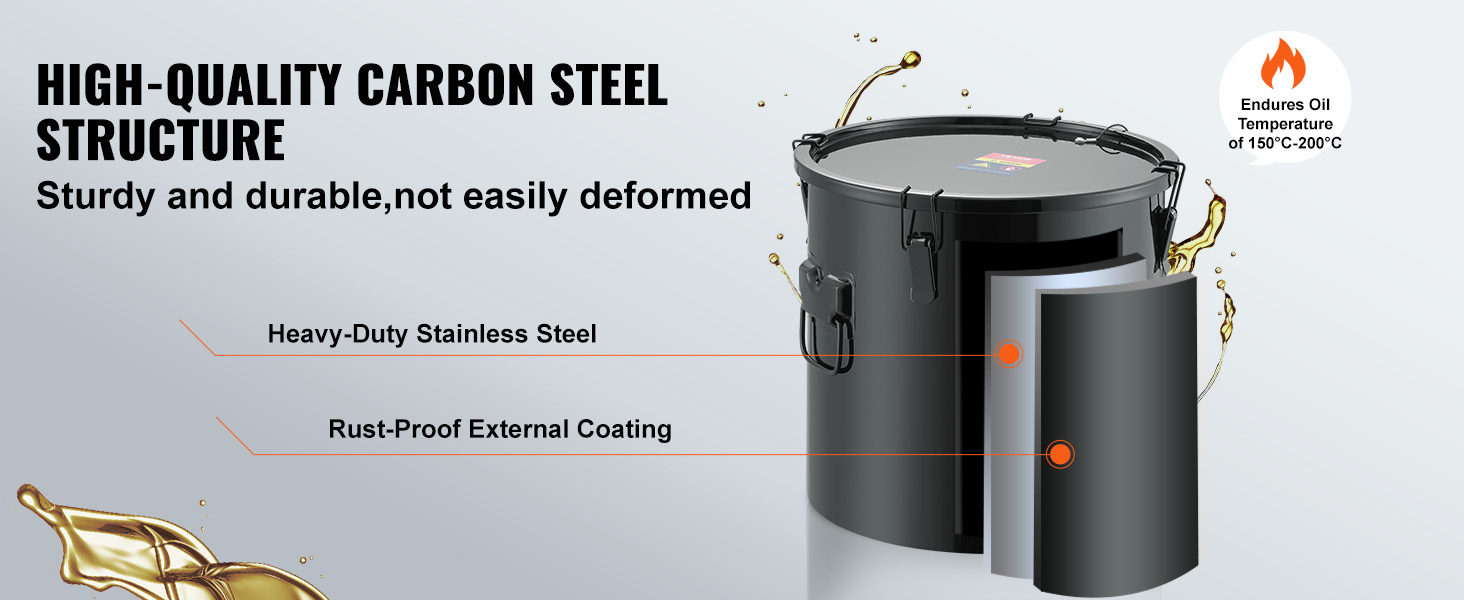 VEVOR fryer grease bucket with carbon steel, heavy-duty stainless steel, and rust-proof external coating.