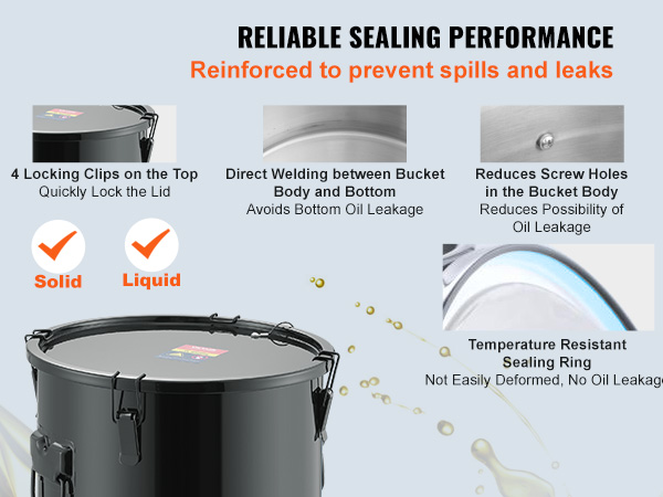 VEVOR fryer grease bucket with 4 locking clips, seamless welding, and temperature-resistant sealing.