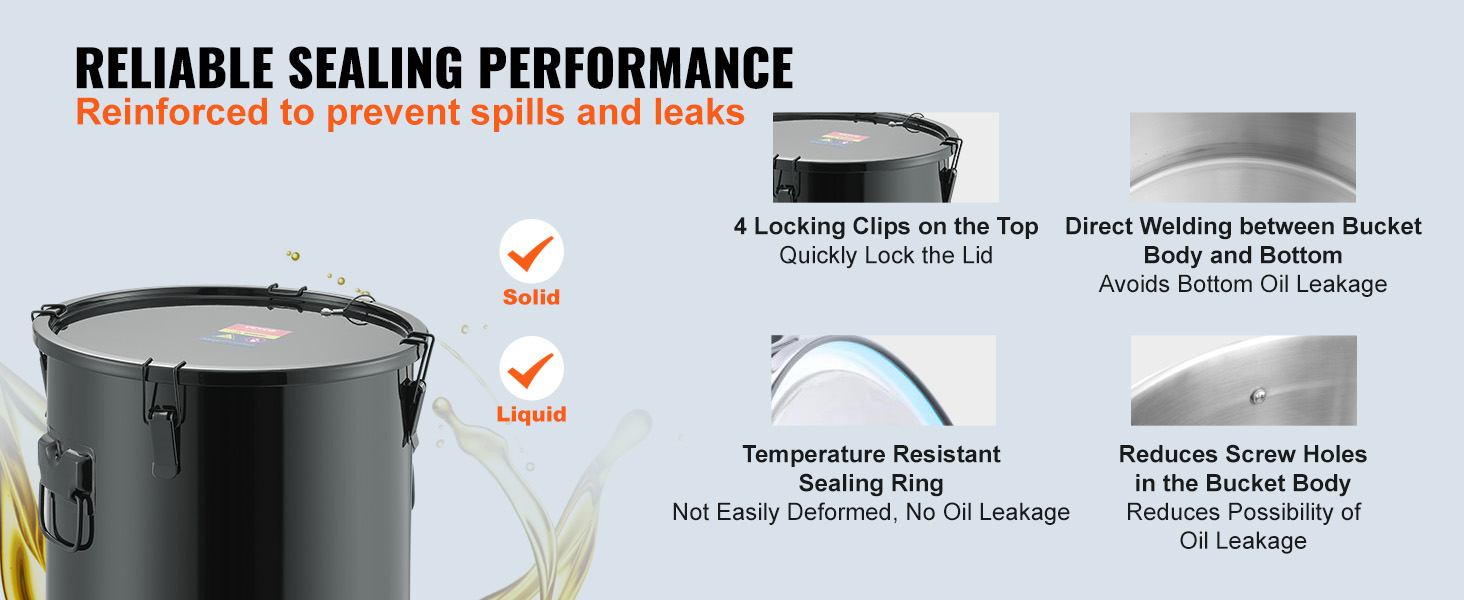VEVOR fryer grease bucket with 4 locking clips, seamless welding, and temperature-resistant sealing.