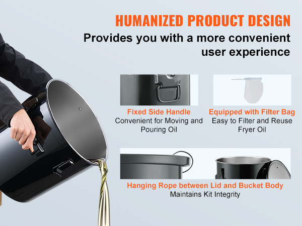 VEVOR fryer grease bucket with fixed side handle, filter bag, and hanging rope for easy pouring and storage.