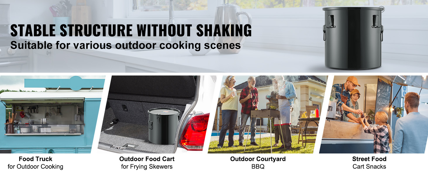 VEVOR fryer grease bucket for outdoor cooking, food trucks, street food carts, and bbqs. durable and stable.