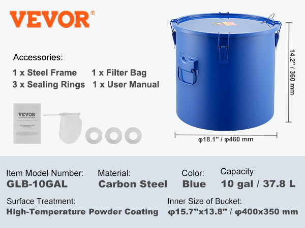 VEVOR fryer grease bucket, blue, 10-gal capacity, carbon steel, with accessories: steel frame, filter bag, sealing rings.