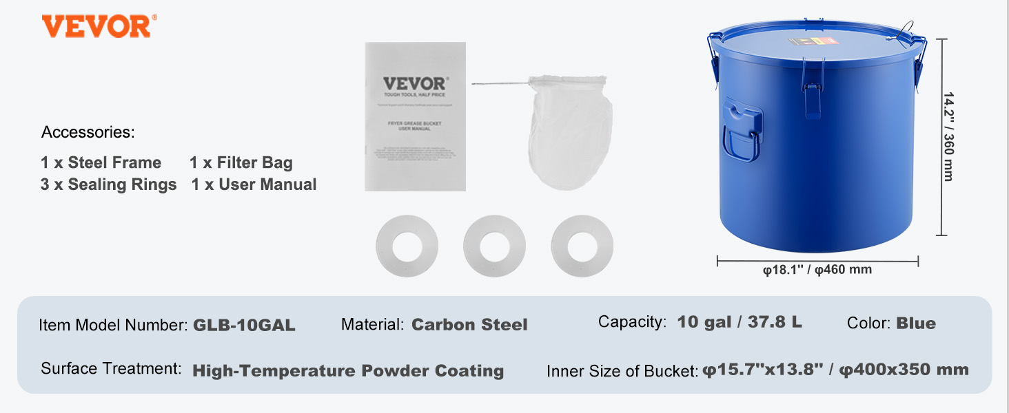 VEVOR fryer grease bucket, blue, 10-gal capacity, carbon steel, with accessories: steel frame, filter bag, sealing rings.