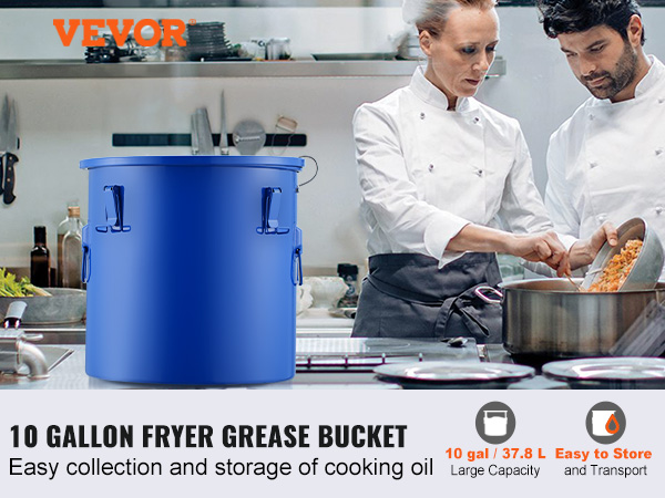 VEVOR fryer grease bucket, 10-gallon capacity for easy storage and transport of cooking oil in a busy kitchen.