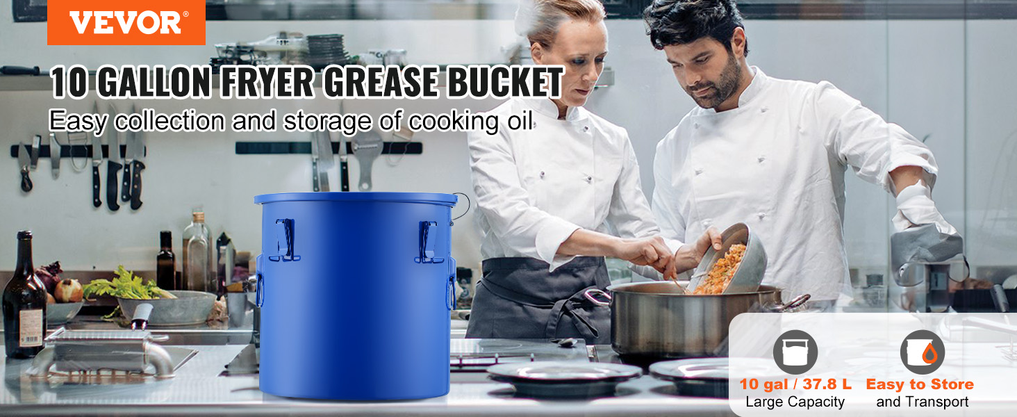 VEVOR fryer grease bucket, 10-gallon capacity for easy storage and transport of cooking oil in a busy kitchen.