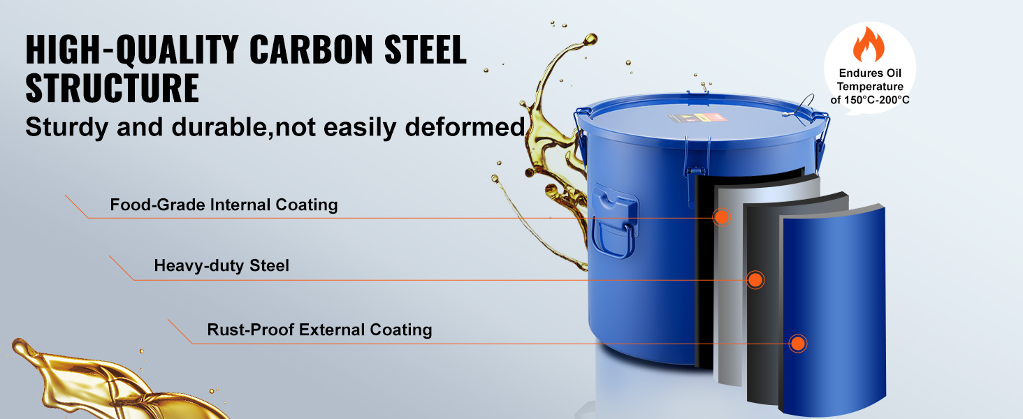 high-quality carbon steel VEVOR fryer grease bucket with food-grade coating, heavy-duty steel, rust-proof.