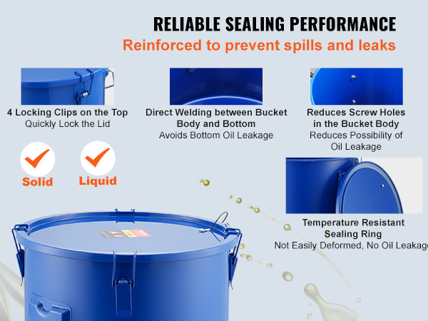 VEVOR fryer grease bucket with 4 locking clips, sealing ring, and welds, designed to prevent spills and leaks.