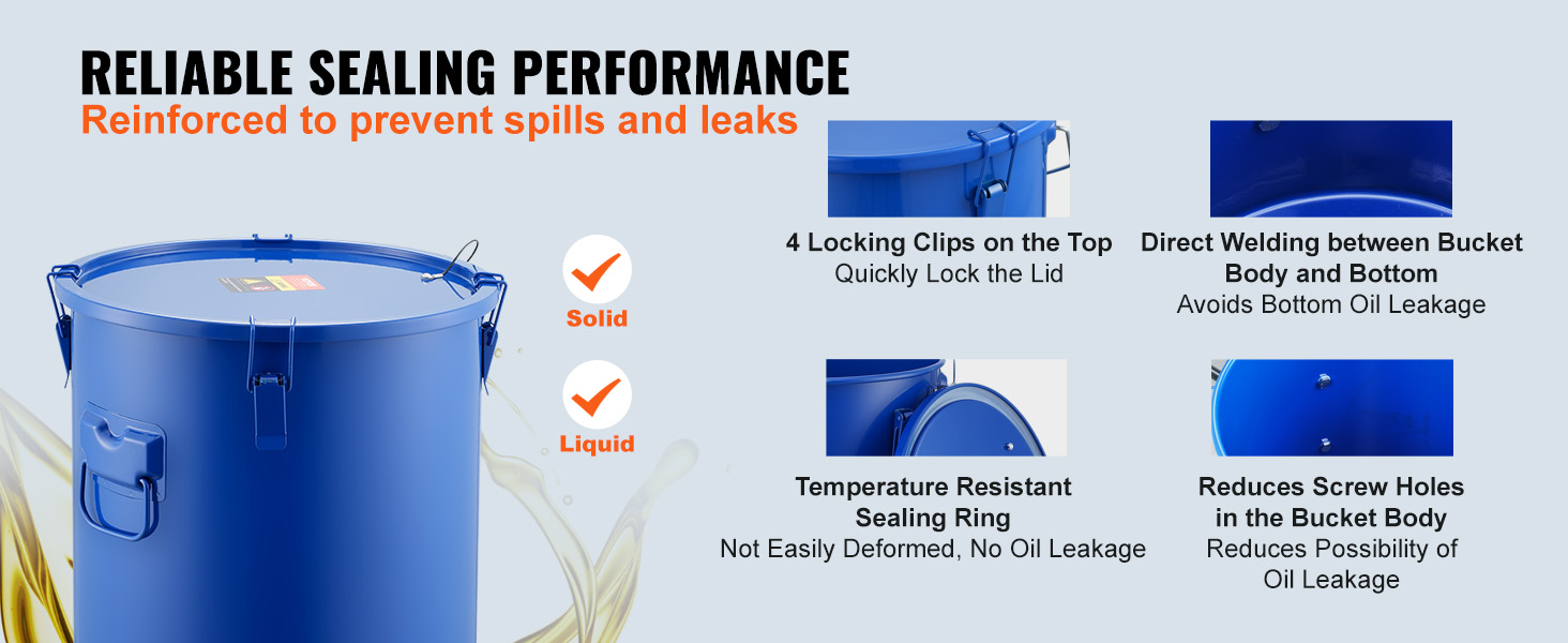 VEVOR fryer grease bucket with 4 locking clips, sealing ring, and welds, designed to prevent spills and leaks.