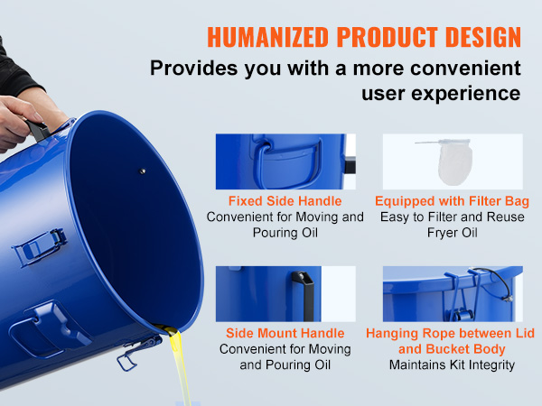 VEVOR fryer grease bucket with filter bag and handles for convenient oil pouring.