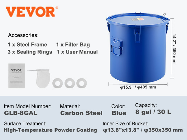 VEVOR fryer grease bucket in blue with accessories and specifications displayed. capacity: 8 gal.