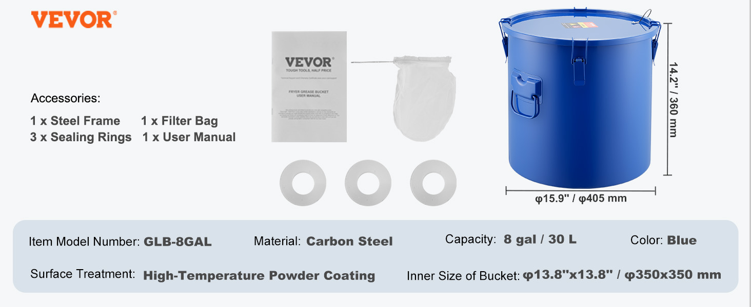 VEVOR fryer grease bucket in blue with accessories and specifications displayed. capacity: 8 gal.