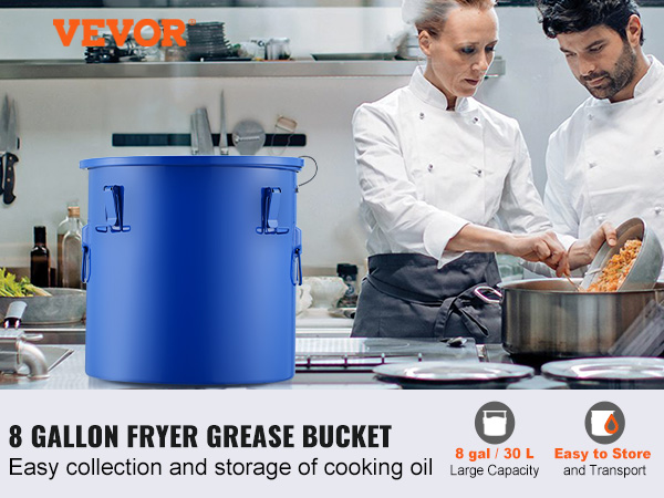 VEVOR fryer grease bucket in a professional kitchen, ideal for easy oil collection and storage.