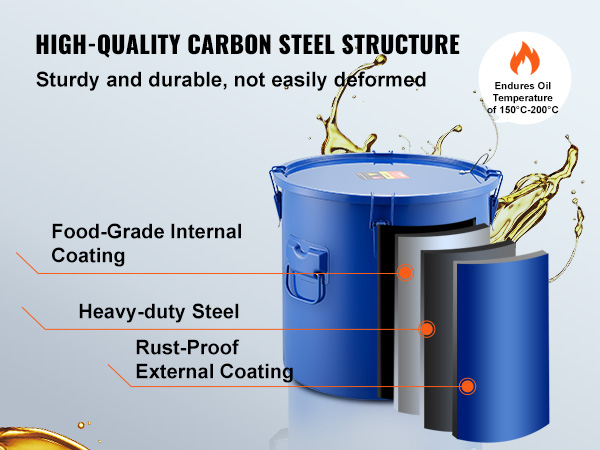 high-quality carbon steel VEVOR fryer grease bucket with food-grade coating and rust-proof external layer.