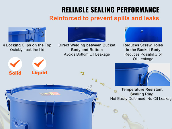 VEVOR fryer grease bucket with locking clips, sealing ring, and direct welding to prevent spills and leaks.