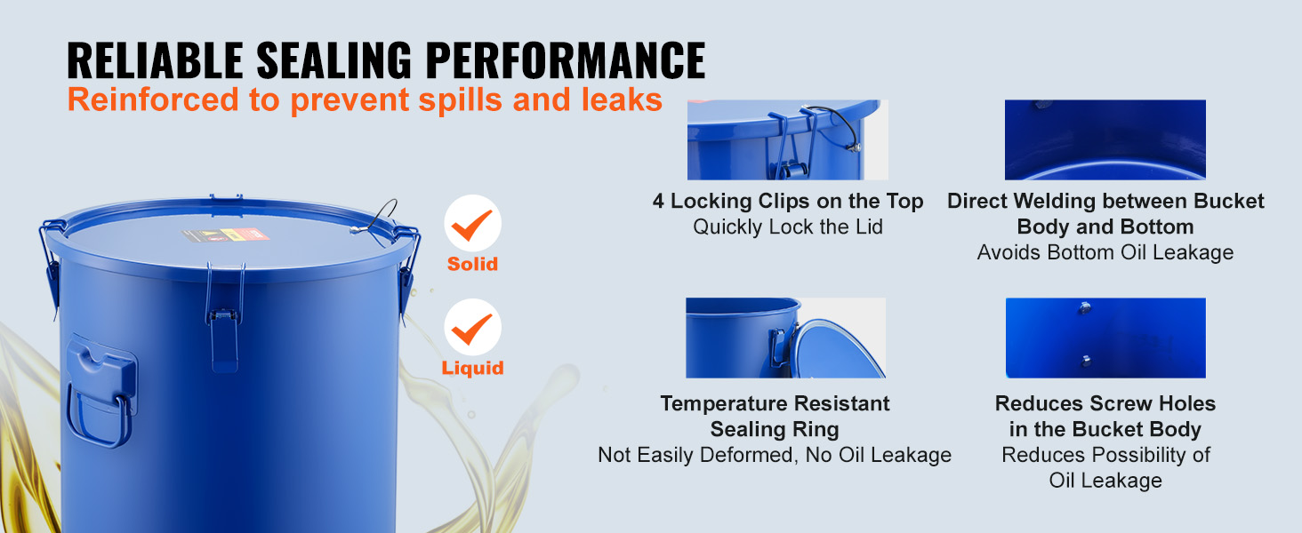 VEVOR fryer grease bucket with locking clips, sealing ring, and direct welding to prevent spills and leaks.