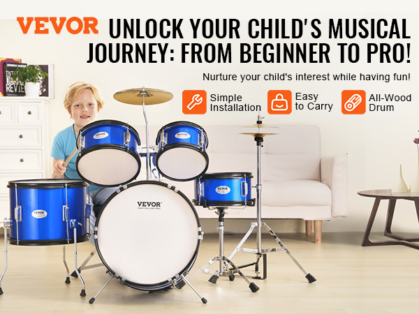 VEVOR kids drum set for beginners, featuring blue drums, easy installation, and all-wood construction.