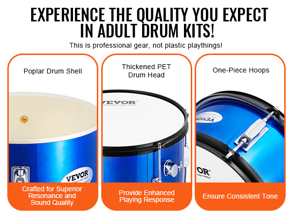 poplar drum shell, thickened pet drum head, one-piece hoops, superior sound, VEVOR kids drum set.