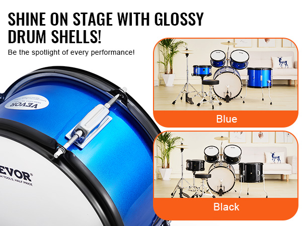 VEVOR kids drum set in blue and black with glossy shells for standout performances.