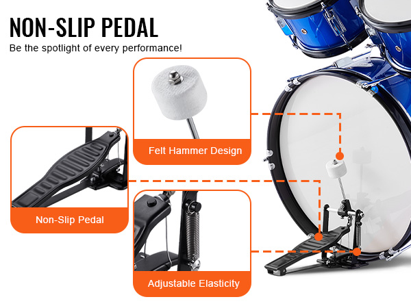 non-slip pedal with felt hammer design and adjustable elasticity on VEVOR kids drum set.