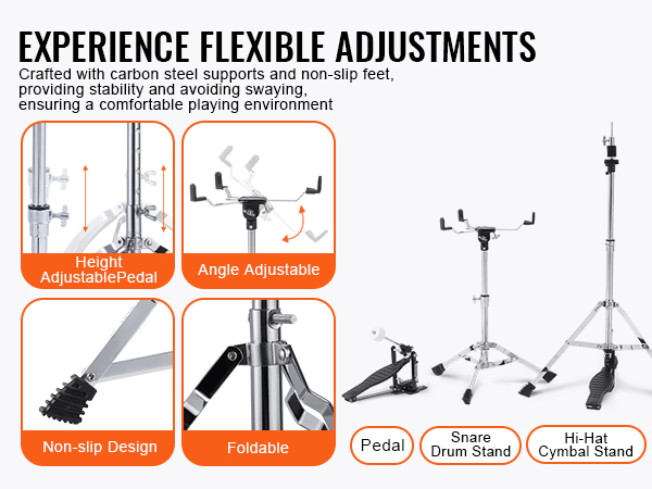 VEVOR kids drum set with height adjustable, angle adjustable, non-slip design, and foldable stands.