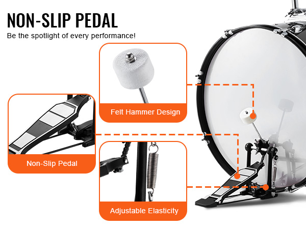 VEVOR adult drum set showcasing non-slip pedal, felt hammer design, and adjustable elasticity.