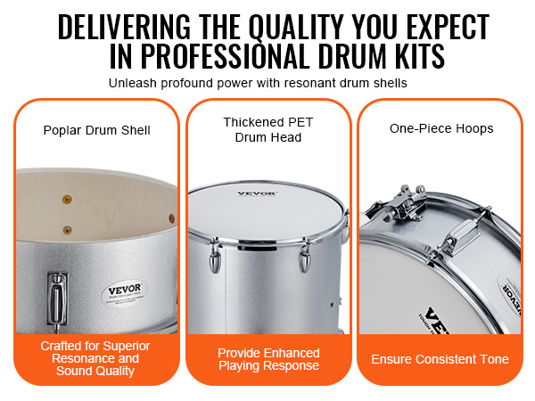VEVOR adult drum set with poplar drum shell, thickened pet drum head, and one-piece hoops for quality sound.