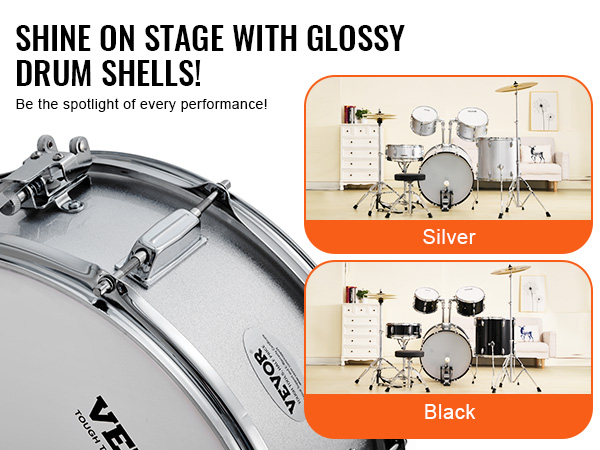 glossy VEVOR adult drum set in silver and black options, perfect for stage performances.