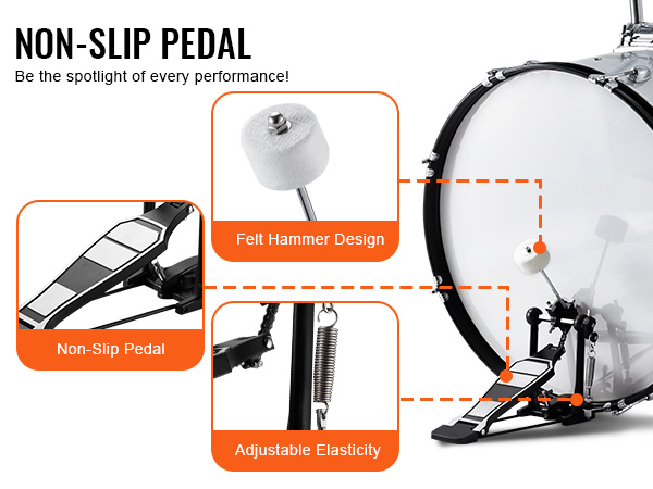 VEVOR adult drum set with non-slip pedal, adjustable elasticity, and felt hammer design for stability.