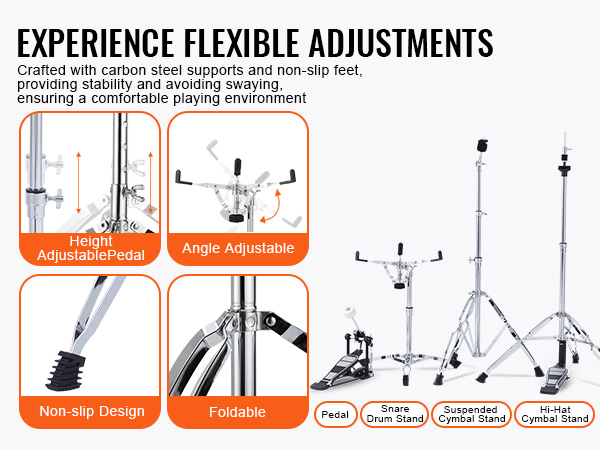 VEVOR adult drum set includes adjustable, foldable stands with non-slip feet for stable playing.