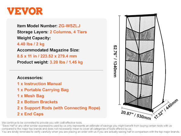 VEVOR brochure display stand dimensions, components, and accessories including carrying bag and support rods.