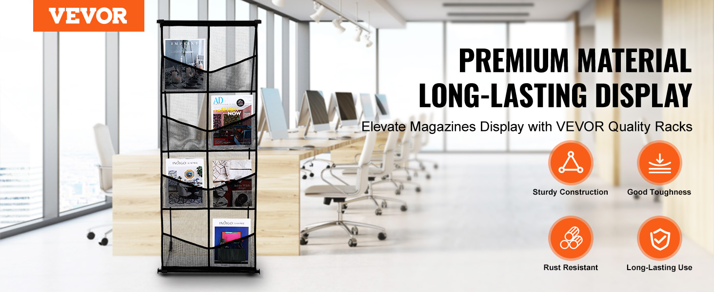 VEVOR brochure display stand in a modern office with multiple compartments showcasing magazines.