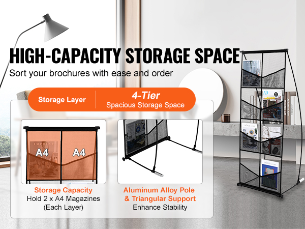 VEVOR brochure display stand with 4-tier storage layers and aluminum alloy pole for added stability.